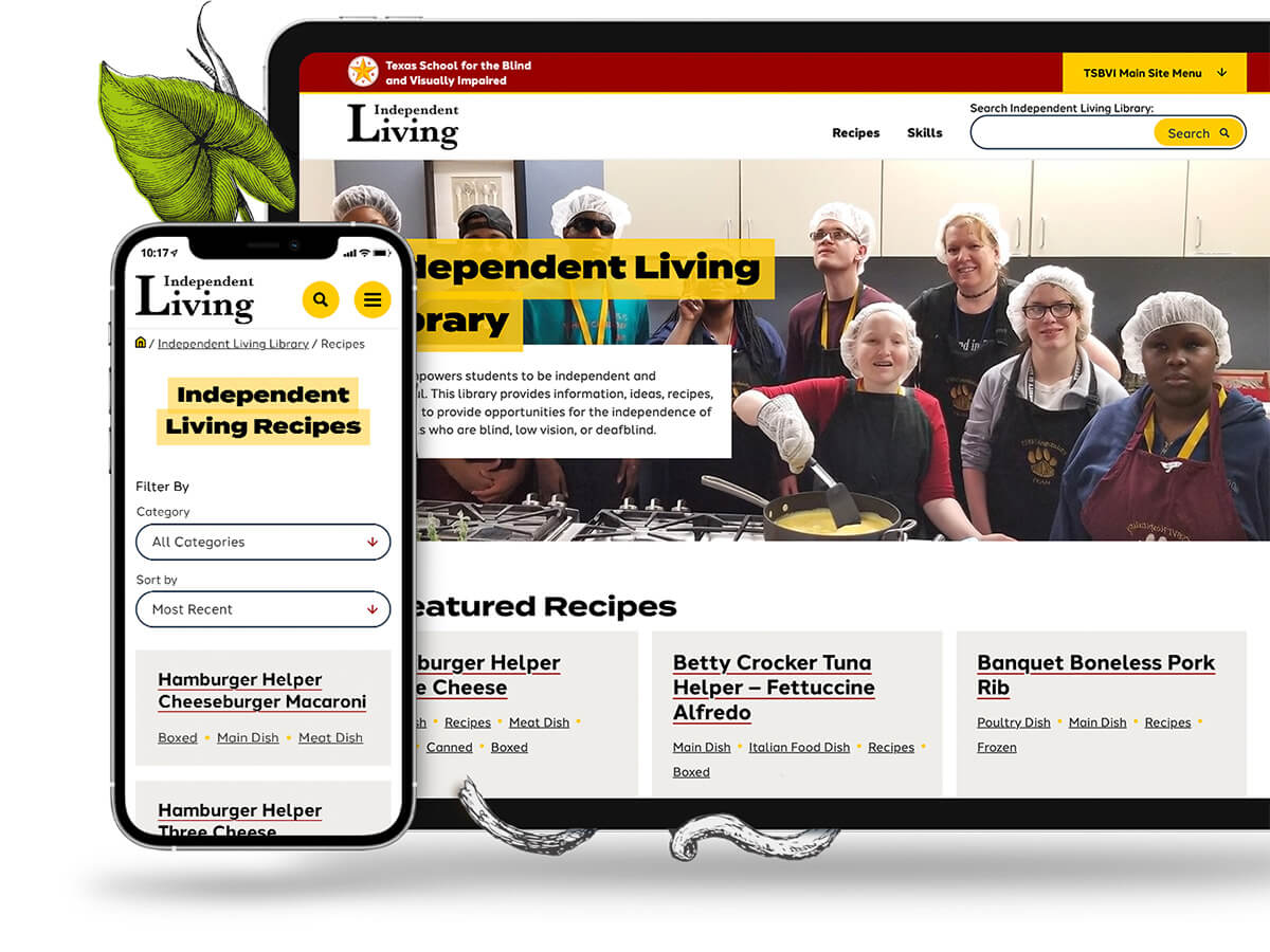 Tablet and phone view of the Independent Living Library overview and recipe library